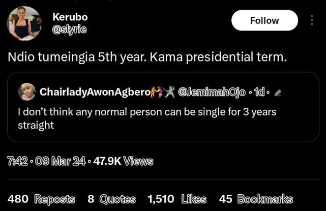Kerubo slyrie follow ndio tumeingia 5th year. kama presidential term. chairladya