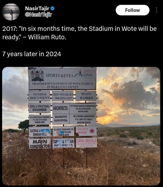 Nasirtajir nasirtlafir follow in six months time the stadium in wote will be rea