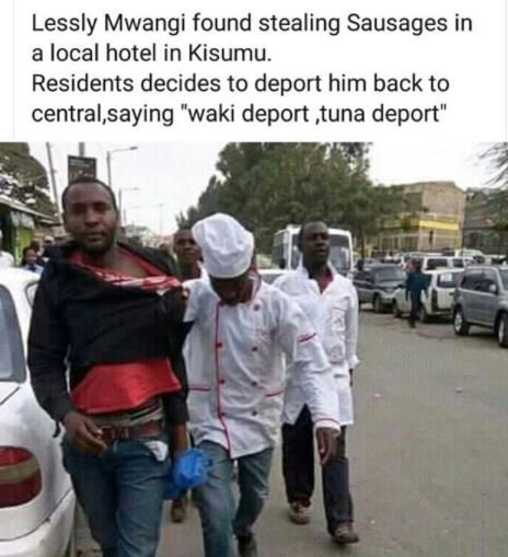 Lessly mwangi found stealing sausages in a local hotel in kisumu. residents deci