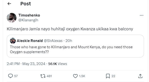Post timoshenko kianangih kilimanjaro jamia nayo huhitaji oxygen kwanza ukikaa k