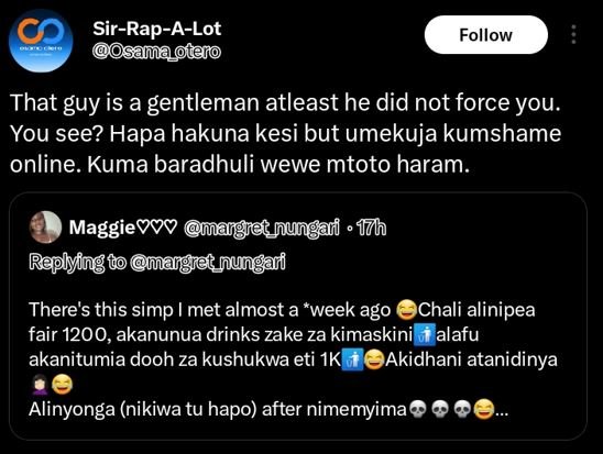 Sirrapalot osammaoteno follow that guy is a gentleman atleast he did not force y