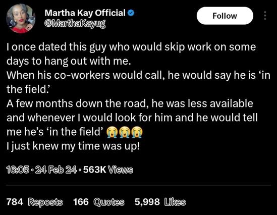 Martha kay official mardhakayug follow ionce dated this guy who would skip work