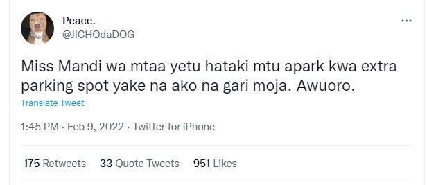 Peace JICHOdaDOG Miss Mandi wa mtaa yetu hataki mtu apark kwa extra parking spot