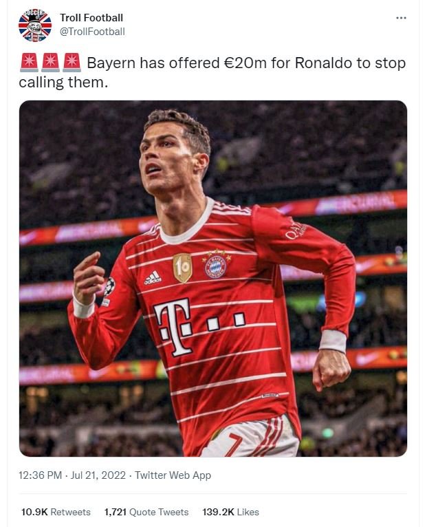 Troll football trollfootball 5 bayern has offered 2om for ronaldo to stop callin