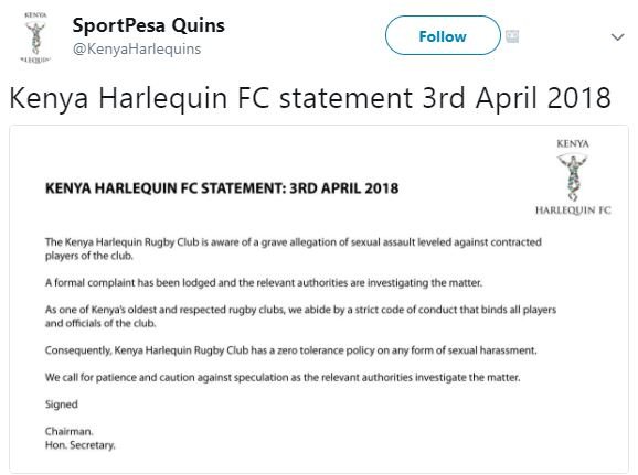 Sportpesa quins kenyaharlequins follow kenya harlequin fc statement 3rd april ki