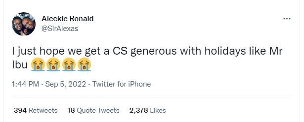 Aleckie ronald siralexas just hope we get a cs generous with holidays like mr ib