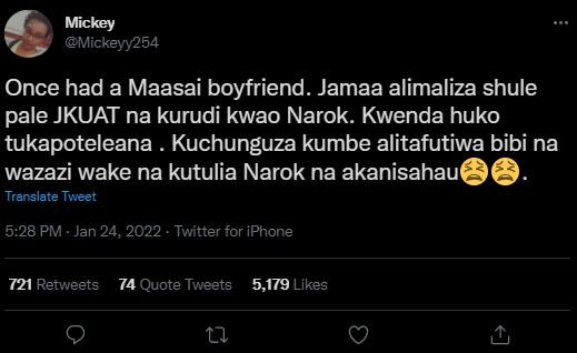 Mickey Mickeyy254 Once had a Maasai boyfriend. Jamaa alimaliza shule pale JKUAT