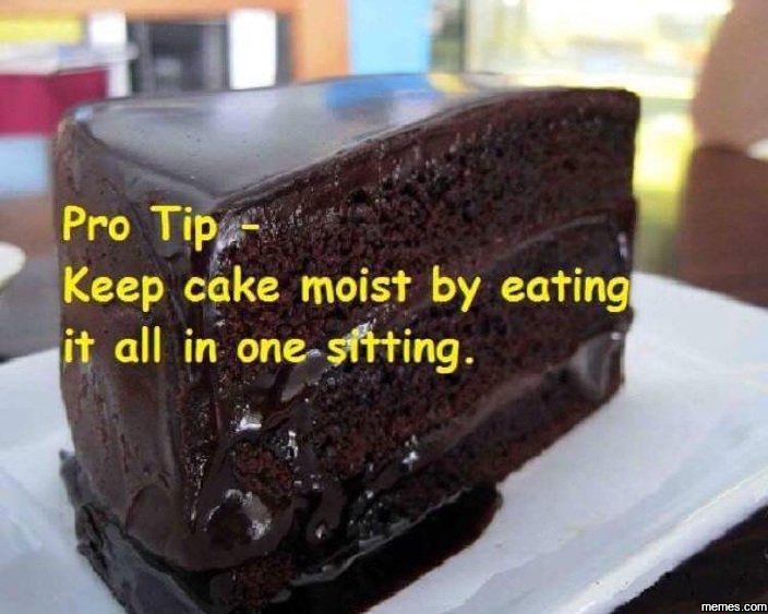 Pro tip keep cake moist by eating it all in one sitting. meme