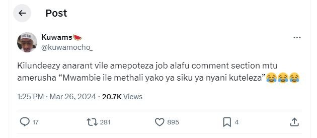 Post kuwams kuwamocho kilundeezy anarant vile amepoteza job alafu comment sectio