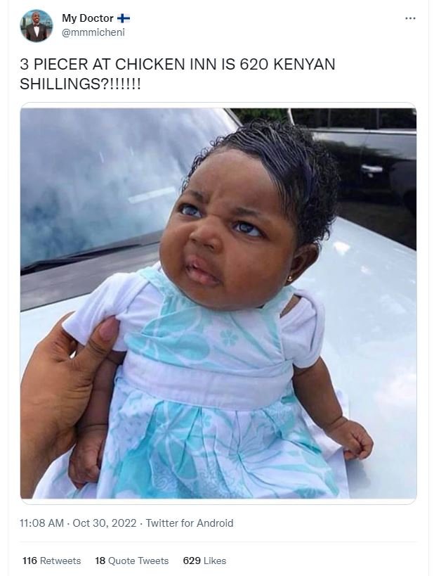 My doctor mmmicheni 3 piecer at chicken inn is 620 kenyan shillings?!!!!! 11.08