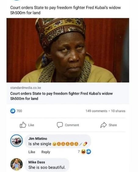 Court orders state to pay freedom fighter fred kubai's widow shsoom for land sta