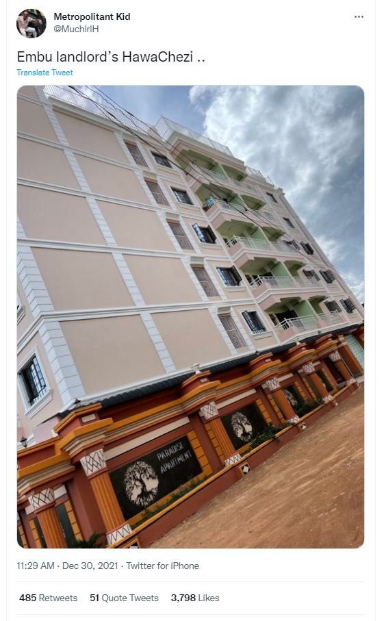 Metropolitant Kid MuchiriH Embu landlord s HawaChezi Translate Tweet 11.29 AM De