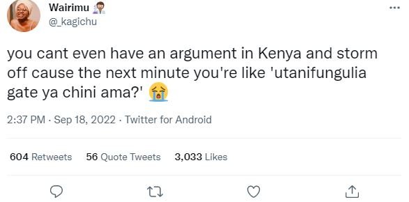 Wairimu kagichu you cant even have an argument in kenya and storm off cause the