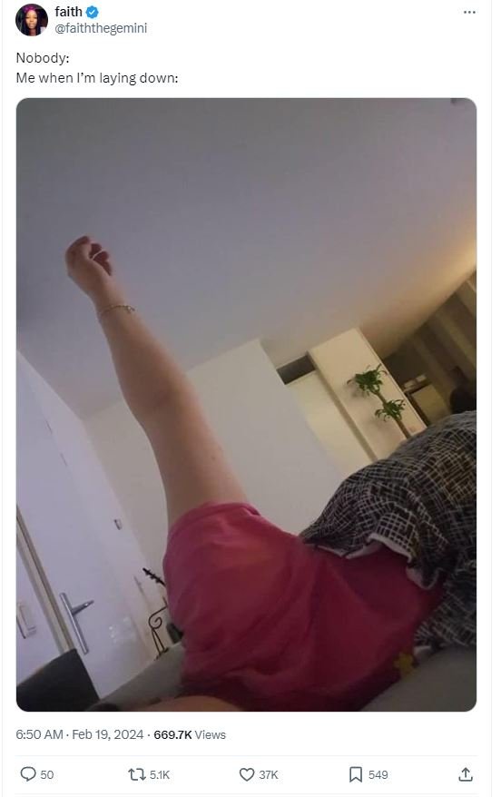 Faith faiththegemini nobody me when l'm laying down 6.50 am feb 19, 669.7k views