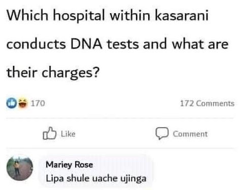 Which hospital within kasarani conducts DNA tests and what are their charges? 17