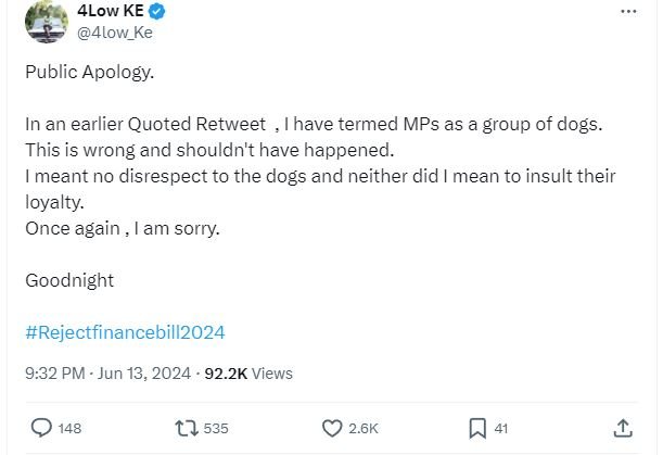 4low ke 4low_ke public apology. in an earlier quoted retweet ihave termed mps as
