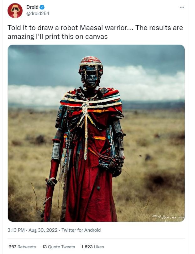 Droid droid254 told it to draw a robot maasai warrior.. . the results are amazin