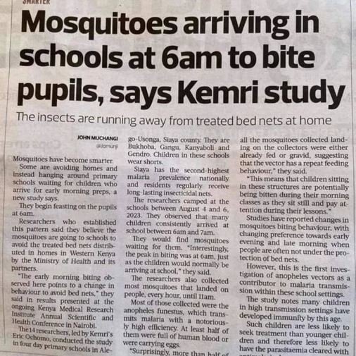 Mosquitoes arriving in schools at 6am to bite pupils, says kemri study the insec