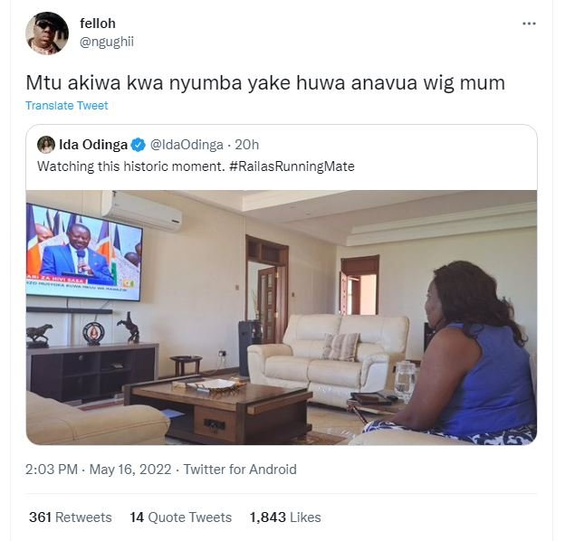 Felloh ngughii mtu akiwa kwa nyumba yake huwa anavua wig mum translate tweet ida