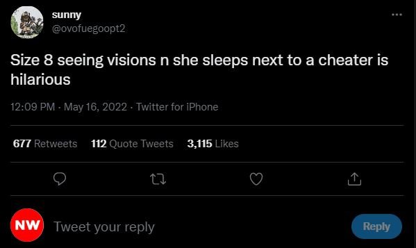 Sunny ovofuegoopt2 size 8 seeing visions n she sleeps next to a cheater is hilar