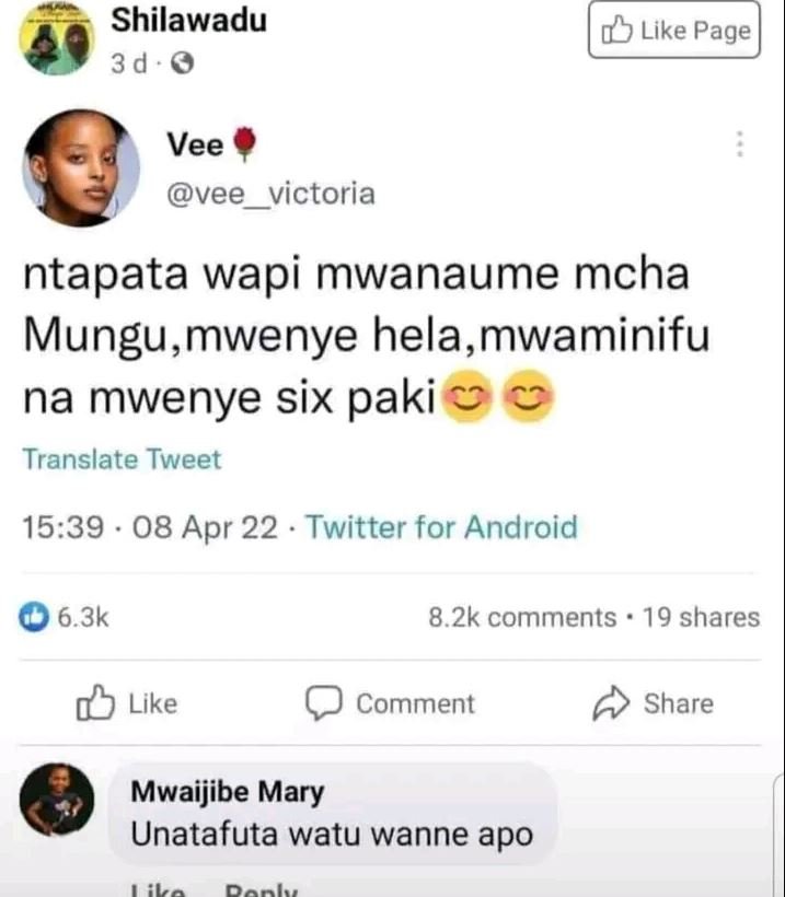 Shilawadu 3 d 0 like page vee vee victoria ntapata wapi mwanaume mcha mungu,mwen