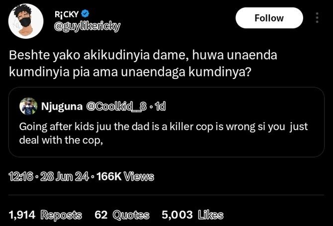 Ricky uylfkericky follow beshte yako akikudinyia dame, huwa unaenda kumdinyia pi