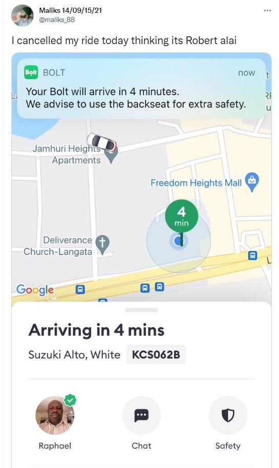 Maliks 14091521 maliks_88 cancelled my ride today thinking its Robert alai Bolt