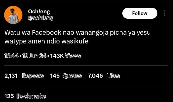 Ochleng chleng follow watu wa facebook nao wanangoja picha ya yesu watype amen n