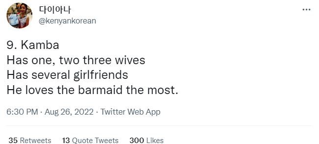 Ctolotyt kenyankorean 9 kamba has one, two three wives has several girlfriends h