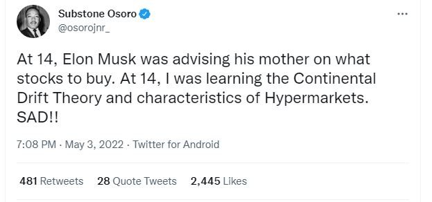 Substone osoro osorojnr _ at 14, elon musk was advising his mother on what stock