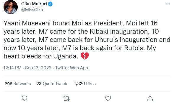 Ciku muiruri missciku yaani museveni found moi as president, moi left 16 years l