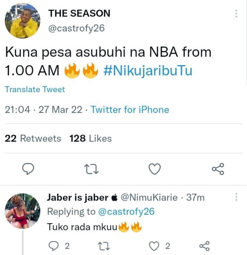 The season castrofy26 kuna pesa asubuhi na nba from 1.00 am nikujaributu transla