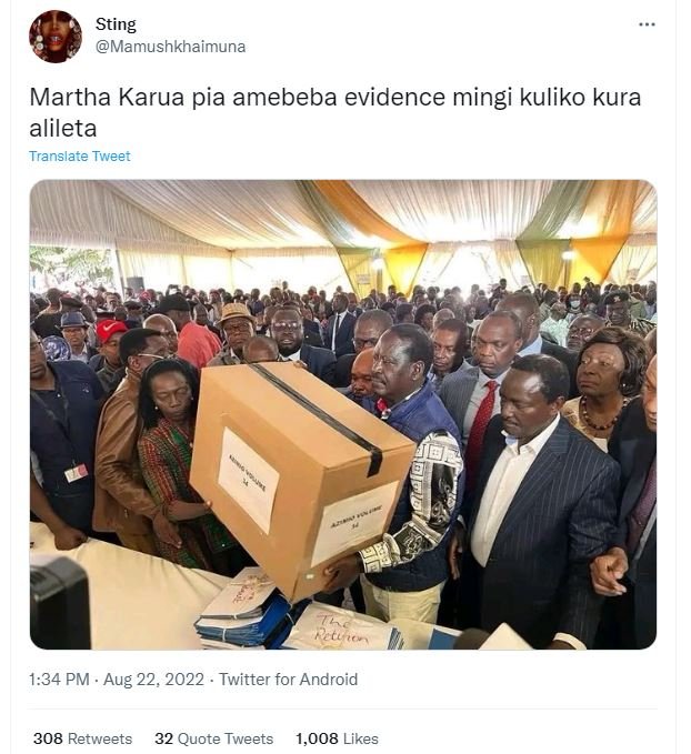 Sting mamushkhaimuna martha karua pia amebeba evidence mingi kuliko kura alileta