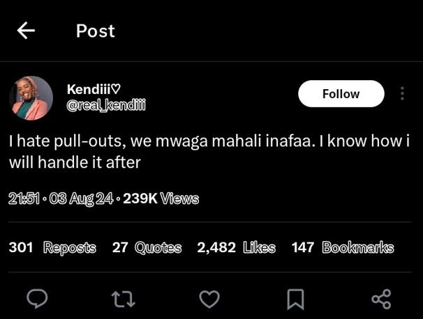 Post kendiiiv real_kendi follow ihate pullouts, we mwaga mahali inafaa. know how