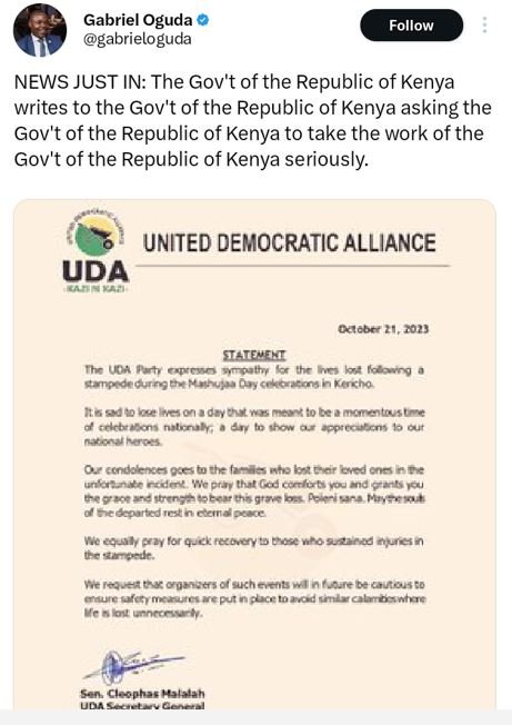 Gabriel oguda gabrieloguda follow news just in the gov't of the republic of keny