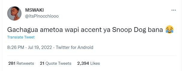 Mswaki itspinocchiooo gachagua ametoa wapi accent ya snoop dog bana translate tw