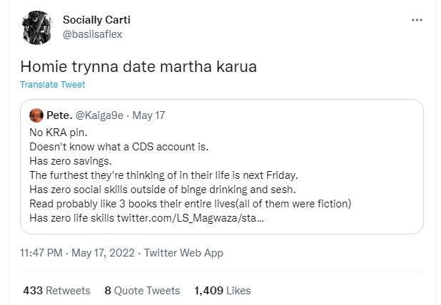 Socially carti basilsaflex homie trynna date martha karua translate tweer pete.