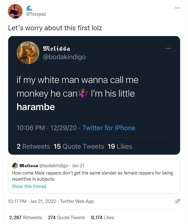 Tezspaz Let's worry about this first lolz Mlelissa bodakindigo if my white man w