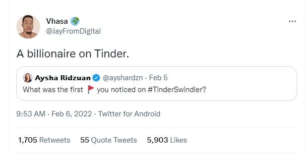 Vhasa JayFromDigital billionaire on Tinder. Aysha Ridzuan ayshardzn Feb 6 What w