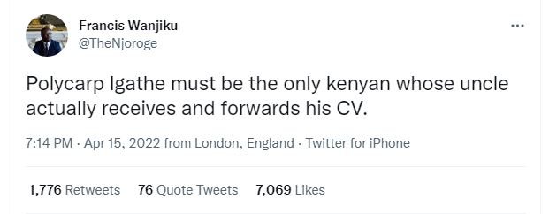 Francis wanjiku thenjoroge polycarp igathe must be the only kenyan whose uncle a