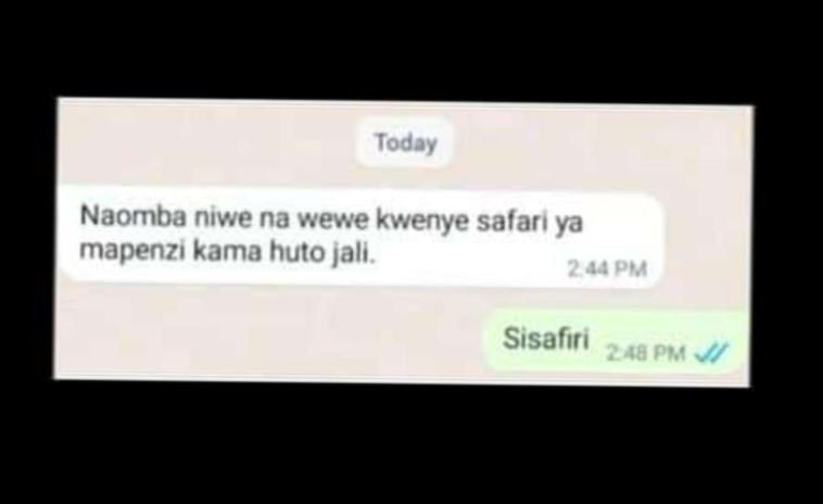 Today naomba niwe na wewe kwenye safari ya mapenzı kama huto jall . 244 pm sisaf