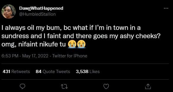 Dawgwhathappened humbledstallion always oil my bum bc what if lm in town in a su