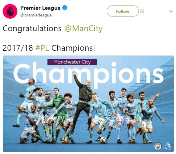 Premier league premierleague follow congratulations mancity 18 pl champions! man