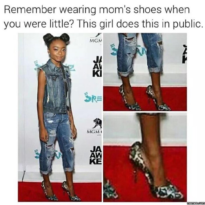 Remember wearing mom's shoes when you were little? this girl does this in public