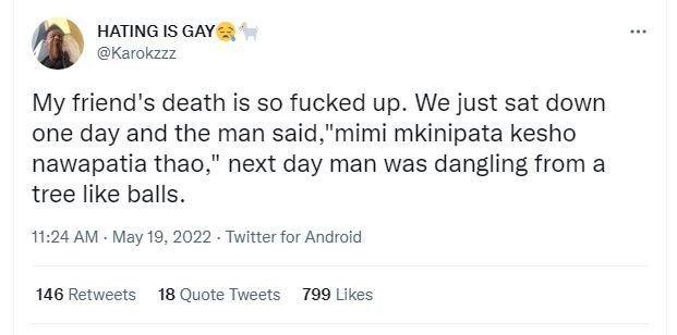 Hating is gay karokzzz my friend's death is so fucked up. we just sat down one d