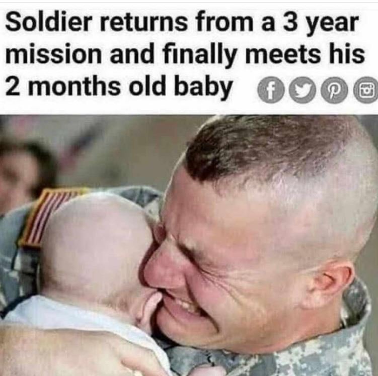 Soldier returns from a 3 year mission and finally meets his 2 months old baby