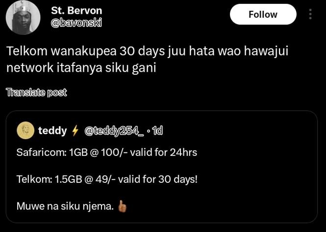 St. bervon avonski follow telkom wanakupea 30 days juu hata wao hawajui network