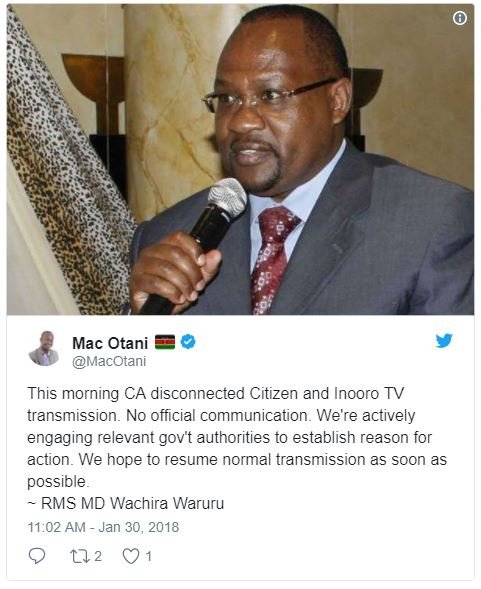 Mac otani macotani this morning ca disconnected citizen and inooro tv transmissi