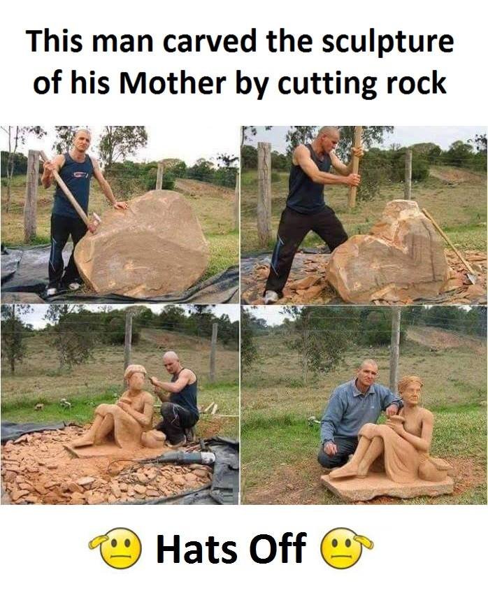 This man carved the sculpture of his mother by cutting rock hats off