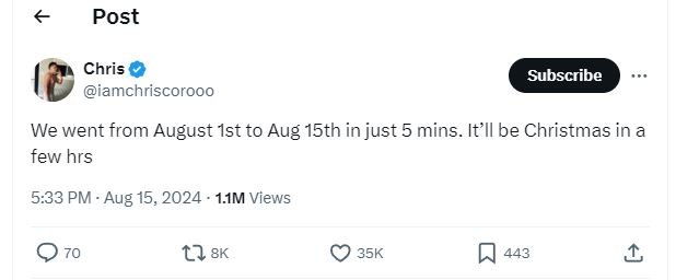 Post chris iamchriscorooo subscribe we went from august ist to aug 15th in just